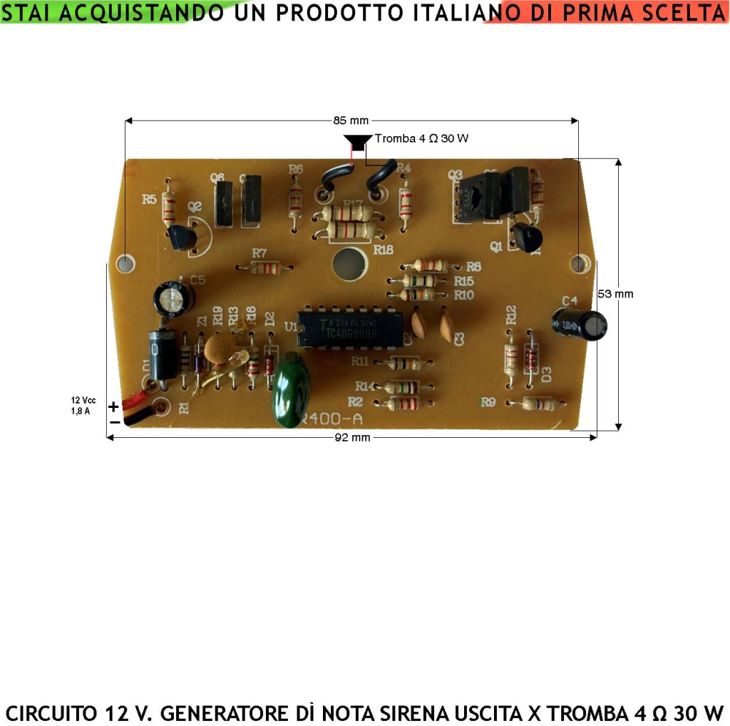 Scheda Ricambio Sirena Generatore Melodia Sonora Bitonale Frequenza A/B 1500 ÷ 4000 Hz Uscita per Tromba Magnetodinamica da 4 Ω 10/30 W Alimentazione 12 Vcc Assorbimento Max 1 A Senza Contenitore