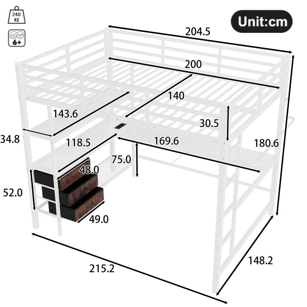 Letto a soppalco 140 x 200 cm; matrimoniale con LED; USB; 3 cassetti e ripiano; senza materasso; bianco