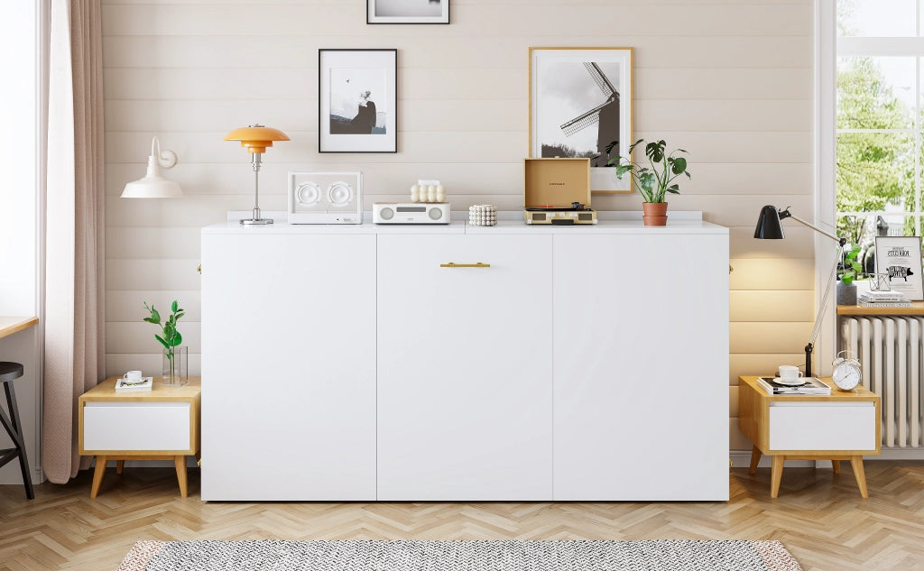 Letto a scomparsa 140 × 200 cm con ruote silenziose, materasso incluso, struttura in legno e metallo, bianco