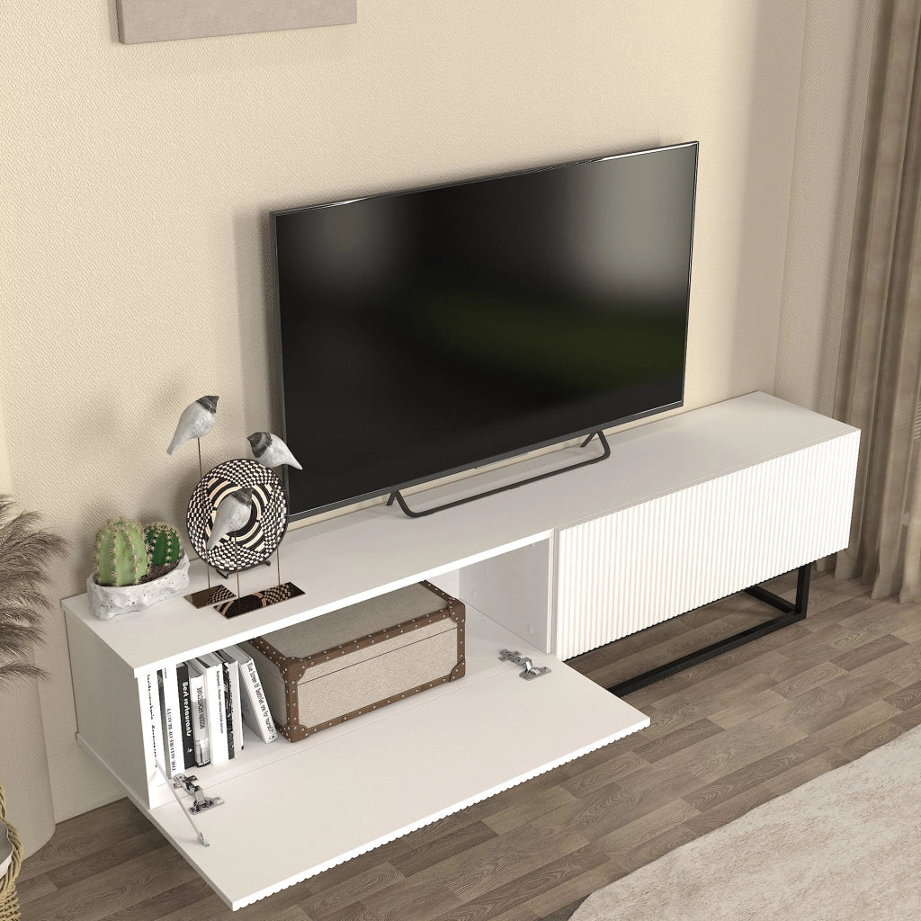 Mobile Porta TV Verpsboga a 2 Ante Decorative e Telaio in Metallo 180x32x47 cm - Bianco [en.casa]