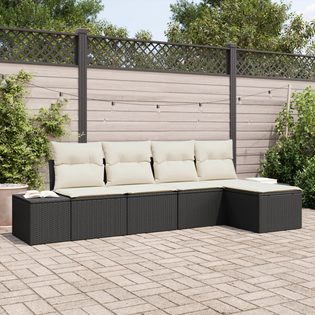 Set Divano da Giardino a 5 Pezzi con Cuscini Nero in Polirattan