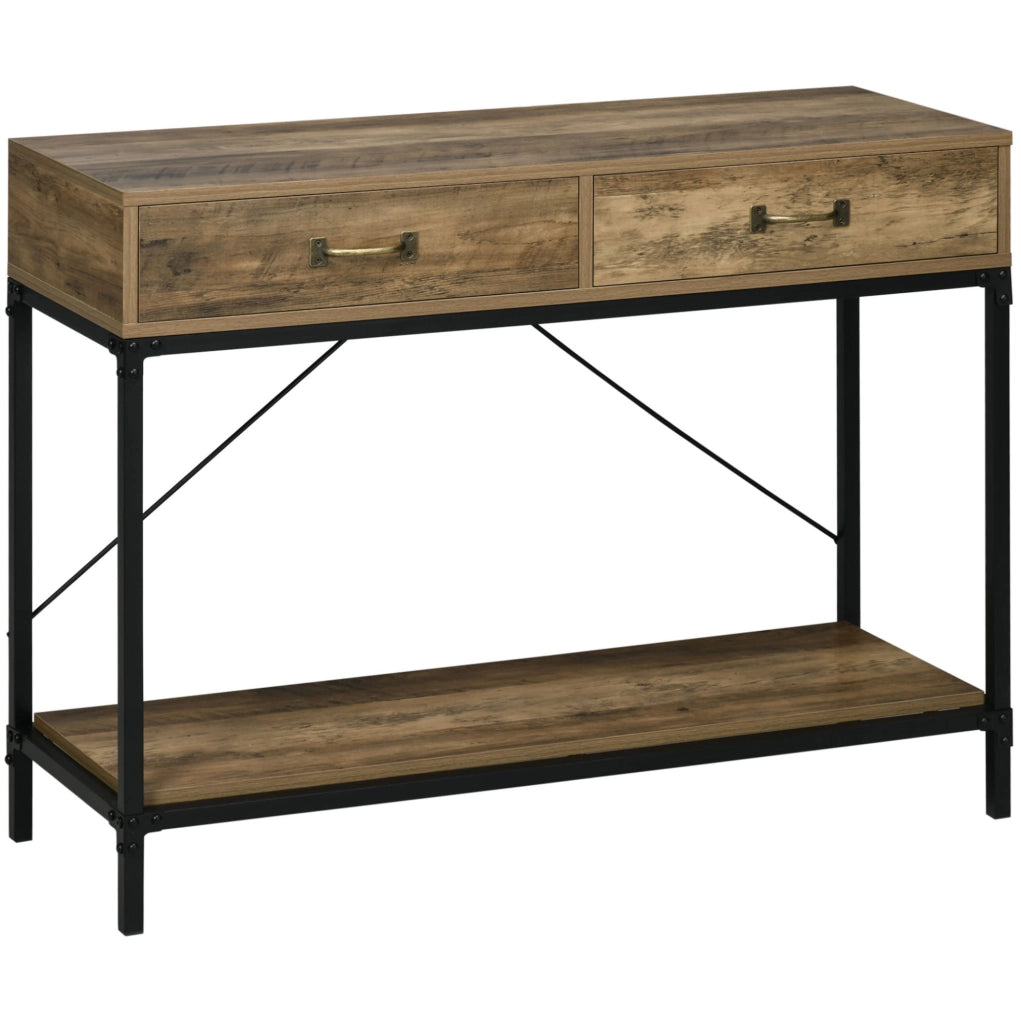 Consolle 100x35x76.5 cm con 2 cassetti e ripiano inferiore; struttura in metallo; legno; marrone