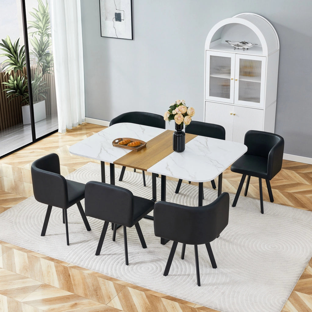 Set tavolo da pranzo 7 pezzi bianco e legno, 6 sedie in PU, struttura nera