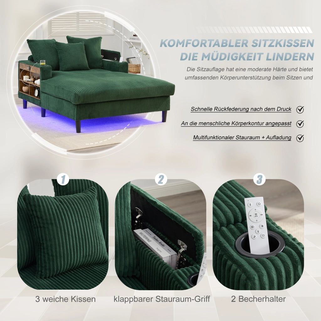 chaise longue in velluto a coste con vano contenitore; porta USB; LED; portabicchieri; verde smeraldo 129 Ã— 170 Ã— 70 cm