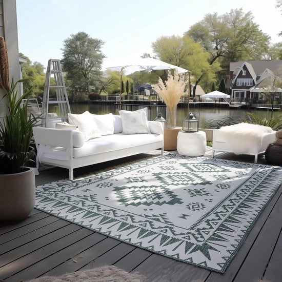 Tappeto per interni e esterni, tappeto reversibile, impermeabile e resistente all'acqua, disegno geometrico moderno, design a riquadri, tappeto da giardino, balcone, terrazzo e soggiorno, colore verde, 80 x 150