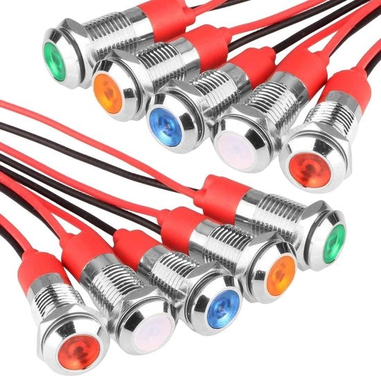 Set di segnali lampeggianti 6 mm - 10 pezzi di 12 V di segnali lampeggianti in metallo con filamento - impermeabili - segnali lampeggianti rossi, verdi, gialli, blu e bianchi - 2 pezzi per colore.