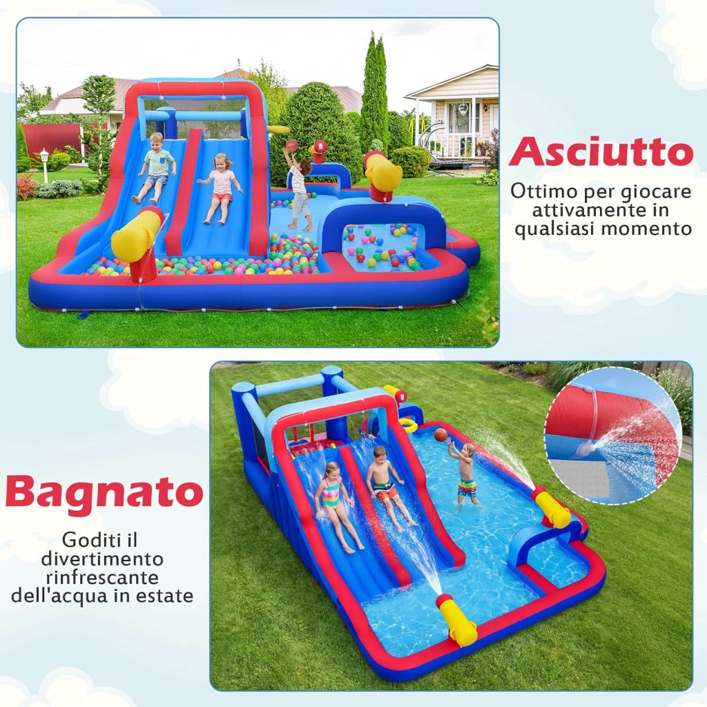 Parco Gonfiabile Scivolo d'Acqua, Grande Castello Gonfiabile con Doppio Scivolo, Piscina d'Acqua, Area Salto, Parete Arrampicata, Canestro da Basket e 3 Cannoni d'Acqua, 646 x 418 x 211 cm