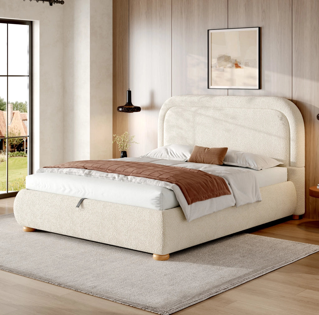 Letto imbottito beige in bouclé con vano contenitore e rete a doghe