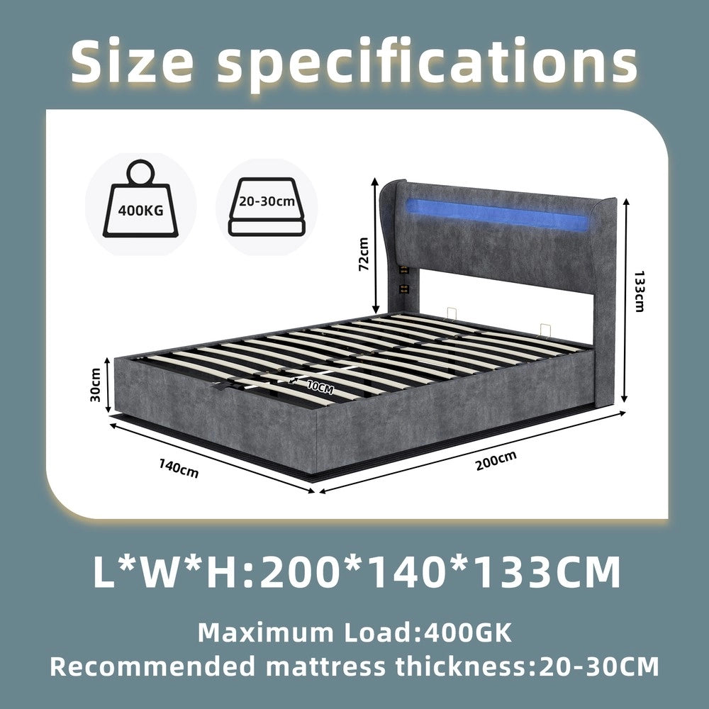 Letto Contenitore Imbottito con LED ¨C MINIMAL ¨C Grigio 140x200 con Materasso