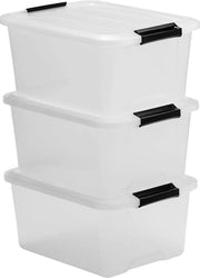 Set di 3 contenitori di archiviazione 15 L con chiusura a clip, stivabili - per soggiorno, camera da letto, garage - 39 x 285 x 18 cm - TB-15 - contenitore di rifornimento trasparente