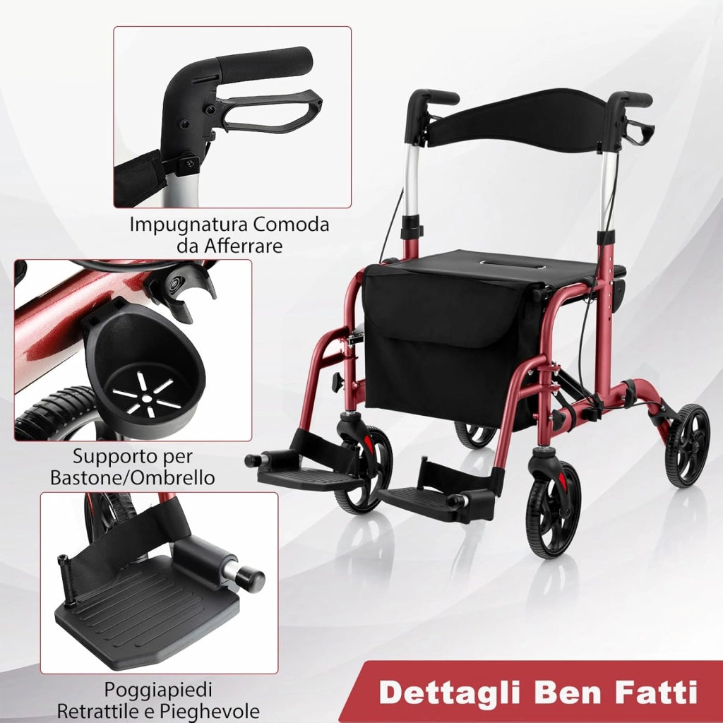 Deambulatore Multiuso 2 in 1, Deambulatore per Anziani in Alluminio con Altezza Regolabile a 6 Livelli, Poggiapiedi Pieghevole (Rosso)