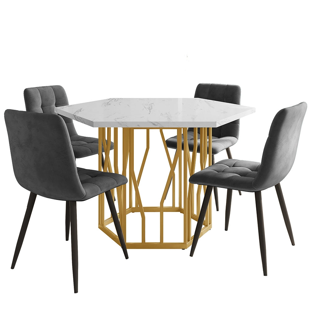Set tavolo-Xylo-Esagonale marmo 4 sedie grigio piedi dorati