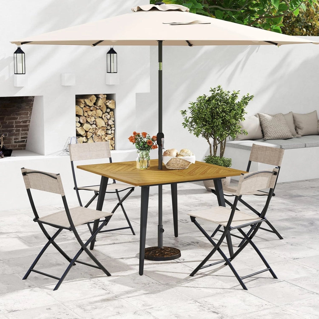 Tavolo da pranzo quadrato per giardino, tavolo in legno di acacia con foro dell'ombrellone da 5 cm e gambe in metallo, 107 x 107 x 75 cm, per balcone, terrazza