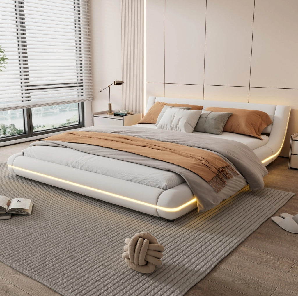 Letto basso 160x200 cm in PU bianco con illuminazione ambientale LED