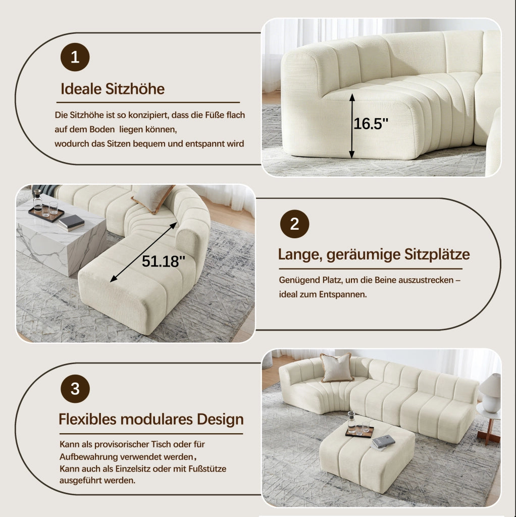 Divano angolare modulare 4 posti con sedute multifunzione e imbottitura in schiuma, in ciniglia beige