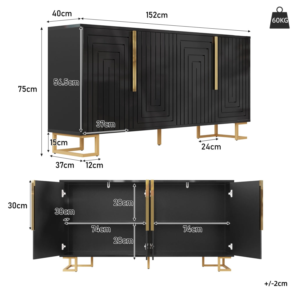 Credenza 152x40x75 cm con 2 ante e 4 vani; MDF nero