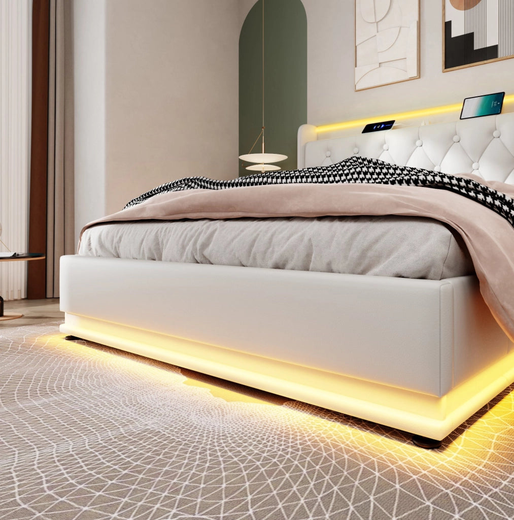 Letto matrimoniale imbottito 140x200 cm in PU bianco con LED 360掳; USB-C e contenitore idraulico
