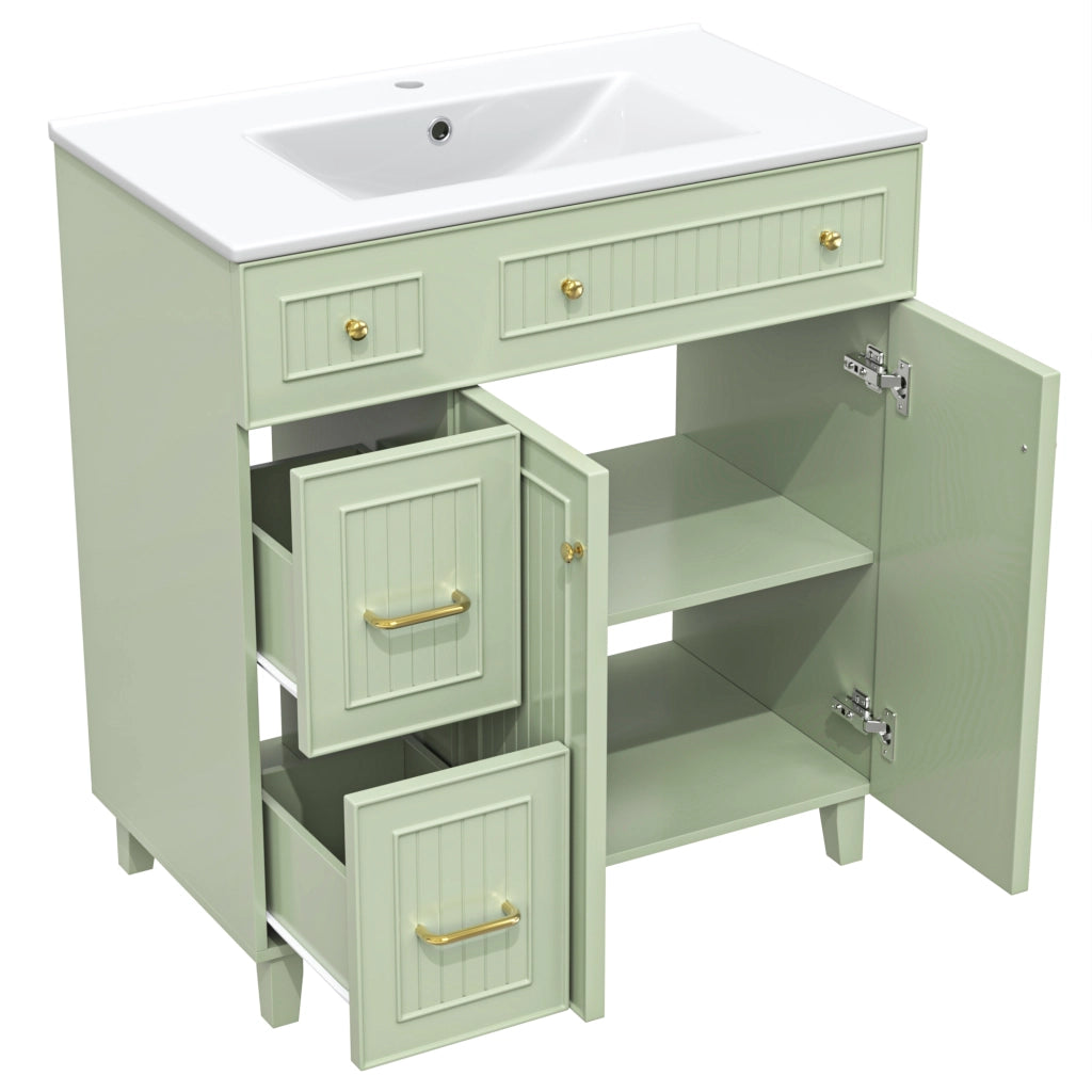 Mobile sottolavabo con lavabo in ceramica e più cassetti, per bagno, in MDF laccato verde 81,7 cm