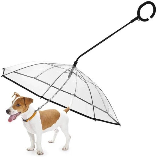 Paraplu per cani con cinturino a catena, angolo regolabile e manico a C, ideale per giornate piovose.