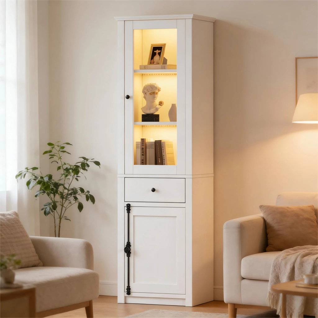 Vetrina alta con LED, 2 ante e 1 cassetto, 5 ripiani e vani contenitore, per soggiorno, in truciolato bianco 55 × 40 × 200 cm