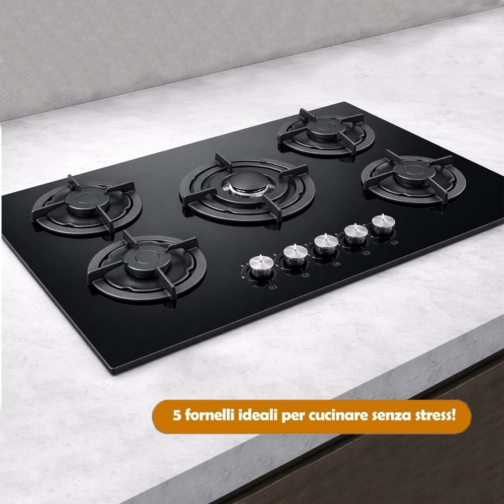 Piano Cottura a Incasso a Gas 5 Fuochi 86x51 cm con Valvola Sicurezza in Vetroceramica Nero