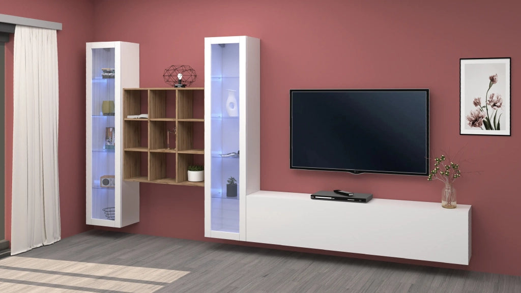 Parete attrezzata bianca mobile TV libreria in legno 2 vetrine Onir WH