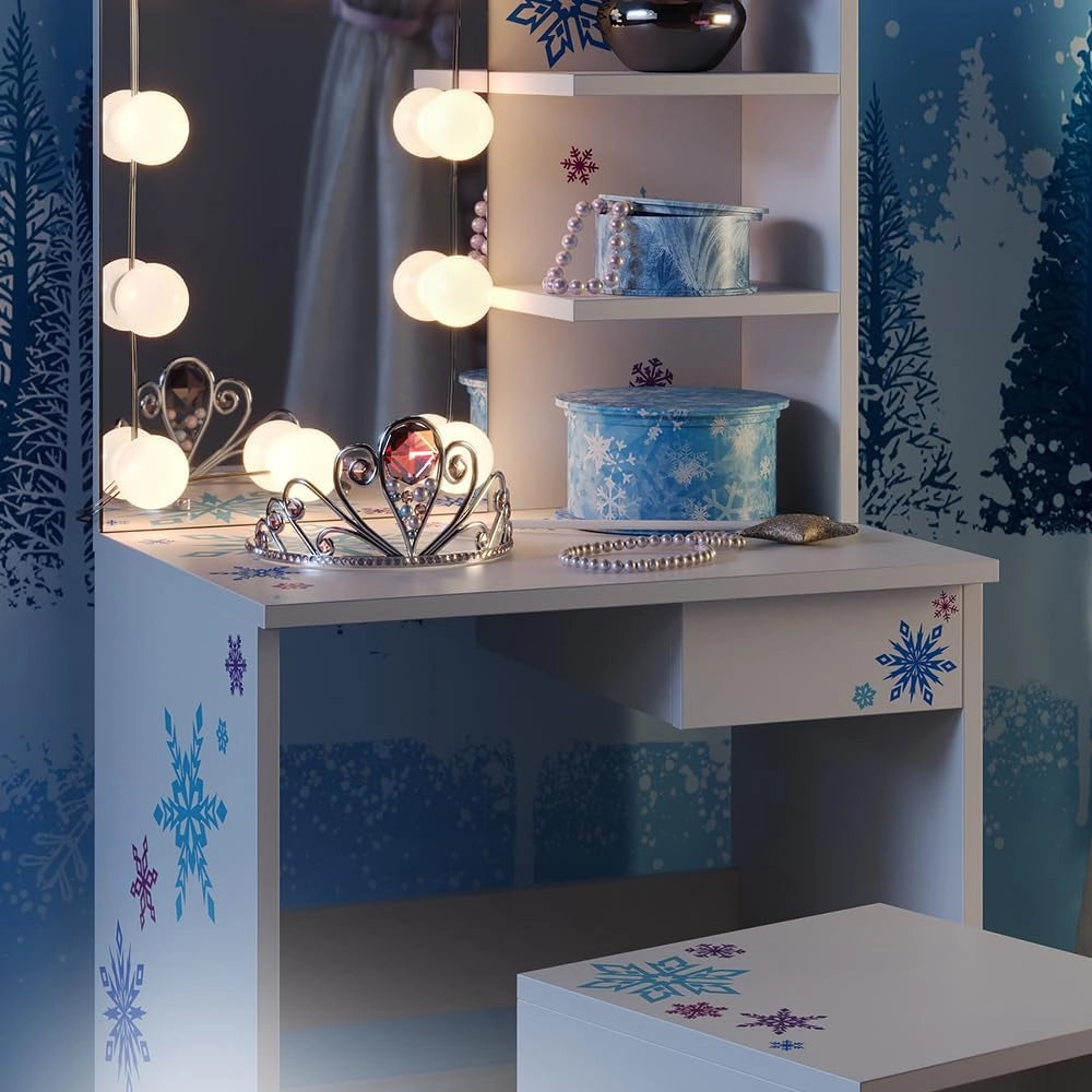 Tavolino da toilette per bambini Schneeflocke, Bianco, 54.8 cm con illuminazione a LED, adatto per la conservazione di cosmetici e accessori