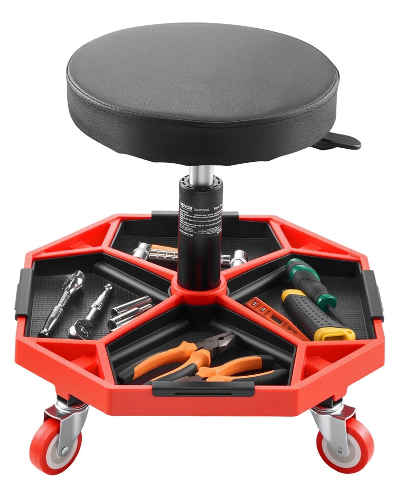 Sgabello da Meccanico con Ruote e Vassoio Portautensili Altezza Regolabile 420-550 mm Portata 136 kg per Officina Garage Nero Rosso