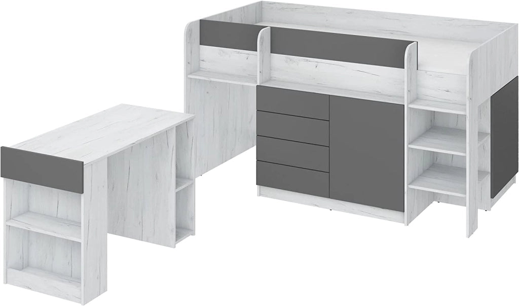 LETTO MOBILE CASS. CON SCRITTOIO SMILE P 204x 112x112cm LATO DESTRO BIANCO GRAFITE GREZZO