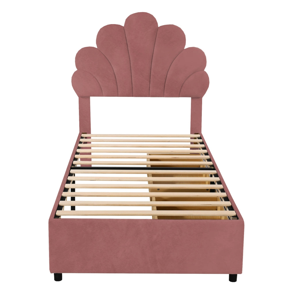 Letto con Cassetti; Letto Singolo con 2 Cassetti e Testiera Floreale 90×200 cm; senza Materasso; Rosa