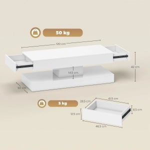 TAVOLO da salotto 120x50x42 cm bianco lucido con LED e 2 cassetti