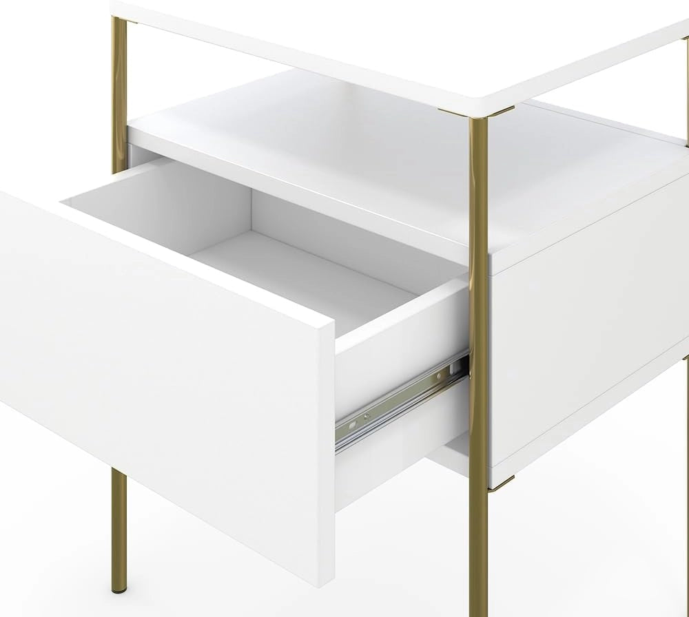 Comodino camera da letto Mira, Bianco/Oro, 40 x 50 cm, utilizzabile per riporre oggetti quotidiani e come tavolino d'appoggio