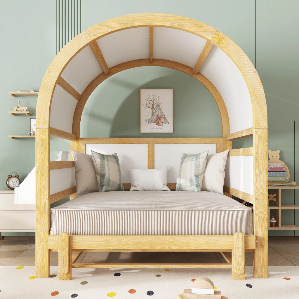Letto Casetta 140x200 cm; Letto Singolo - Estraibile e Mensola Laterale - in Legno - Bianco e Naturale