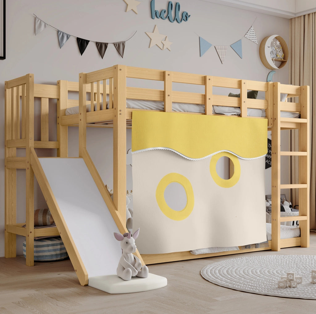 Letto a castello 90x200 cm con scivolo; tenda e scala in MDF e pino naturale