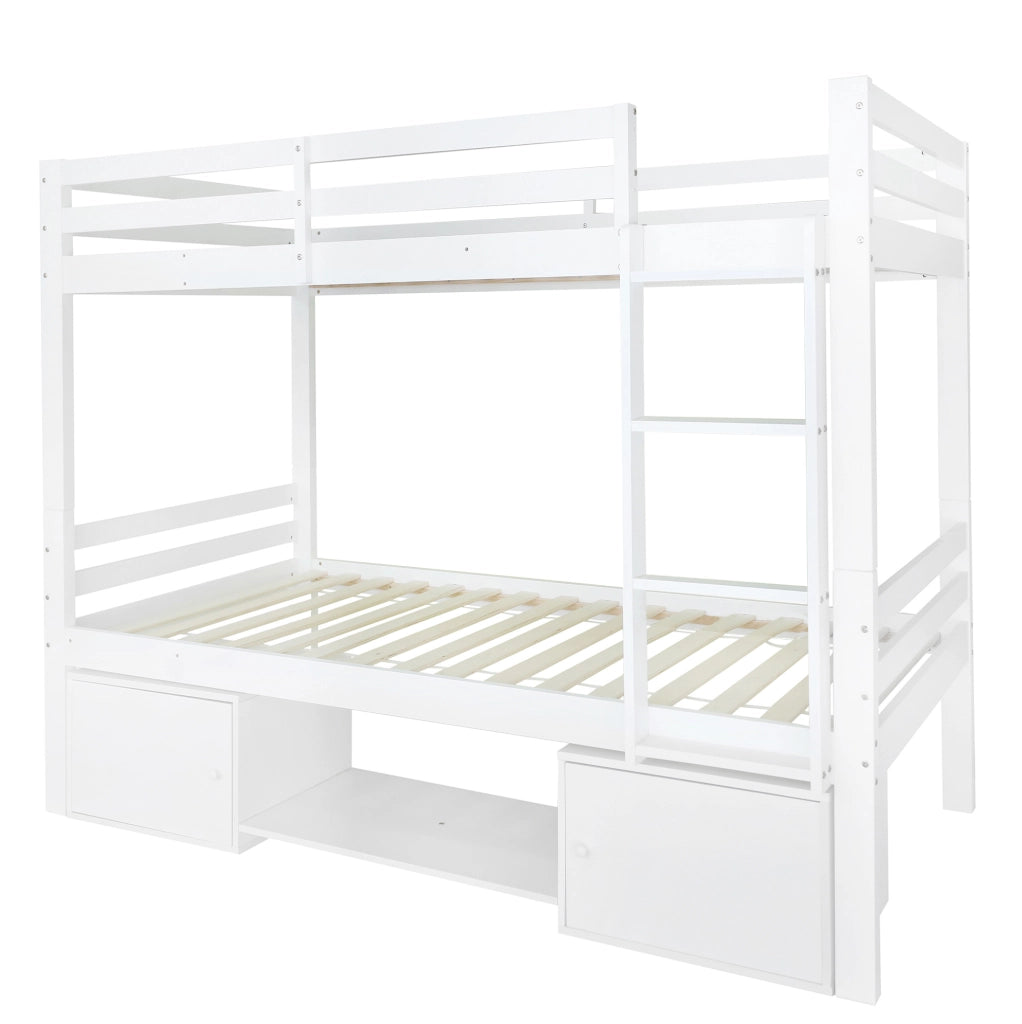 Letto a castello per bambini 205x104x158 cm con scaffale e armadietti; divisibile in 2 letti singoli; legno e MDF; bianco