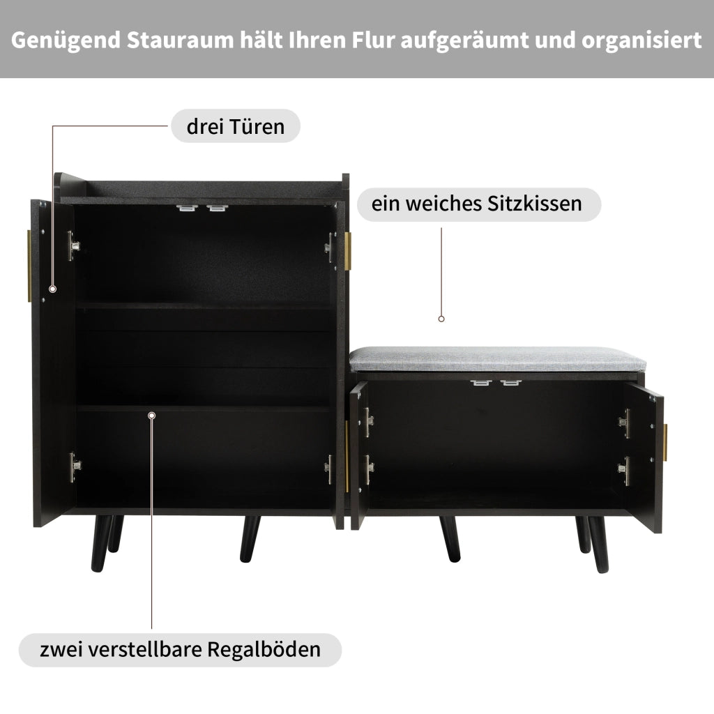 OKWISH Scarpiera con 4 Ante e Seduta Imbottita, Pannelli di Truciolare, Nero e Noce Scuro, 120×34×82 cm