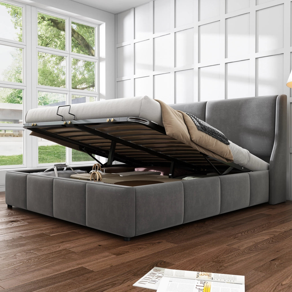 Letti contenitori 140x190 cm; testiera a orecchie; velluto grigio (Senza materasso)