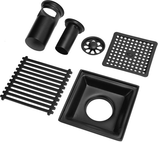 Douchi Venti Quadrati 10 Cm - Copertura Rimovibile - Acciaio Inossidabile - Verniciato Nero - Fuga d'Acqua Efficiente - Adatto per Bagni/Spazi Umidi - Bocchetta di Scarico