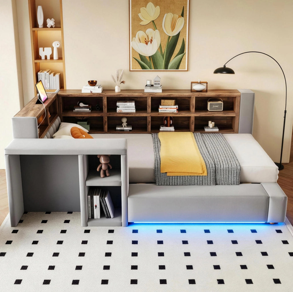 Letto imbottito 90x200 cm con LED, prese integrate e vani in velluto grigio scuro