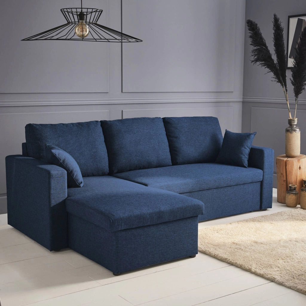 Divano letto angolare reversibile con contenitore, 3 posti, blu