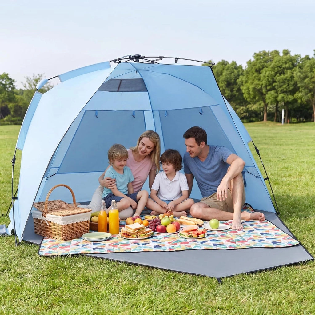 Tenda da Spiaggia Grande Adatta a 3-4 persone, Tenda da Campeggio Pop Up con 4 Finestre in Rete, Porta con Cerniera e Borsa da Trasporto, Protezione Solare, 278 x 139 x 160 cm