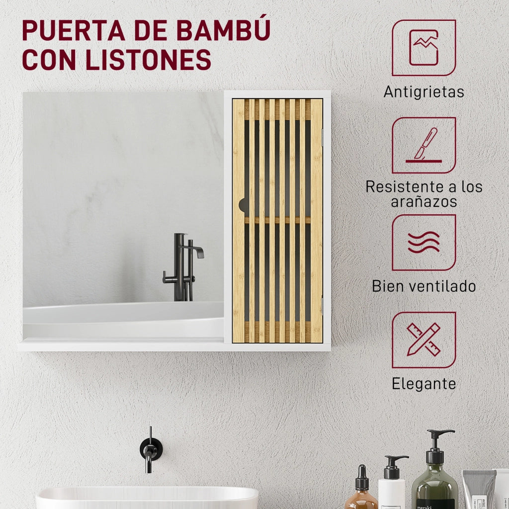 Specchio da Bagno con Ante e Ripiani ¨C zephmum ¨C 60x50 cm Bamb¨´ Bianco e Naturale
