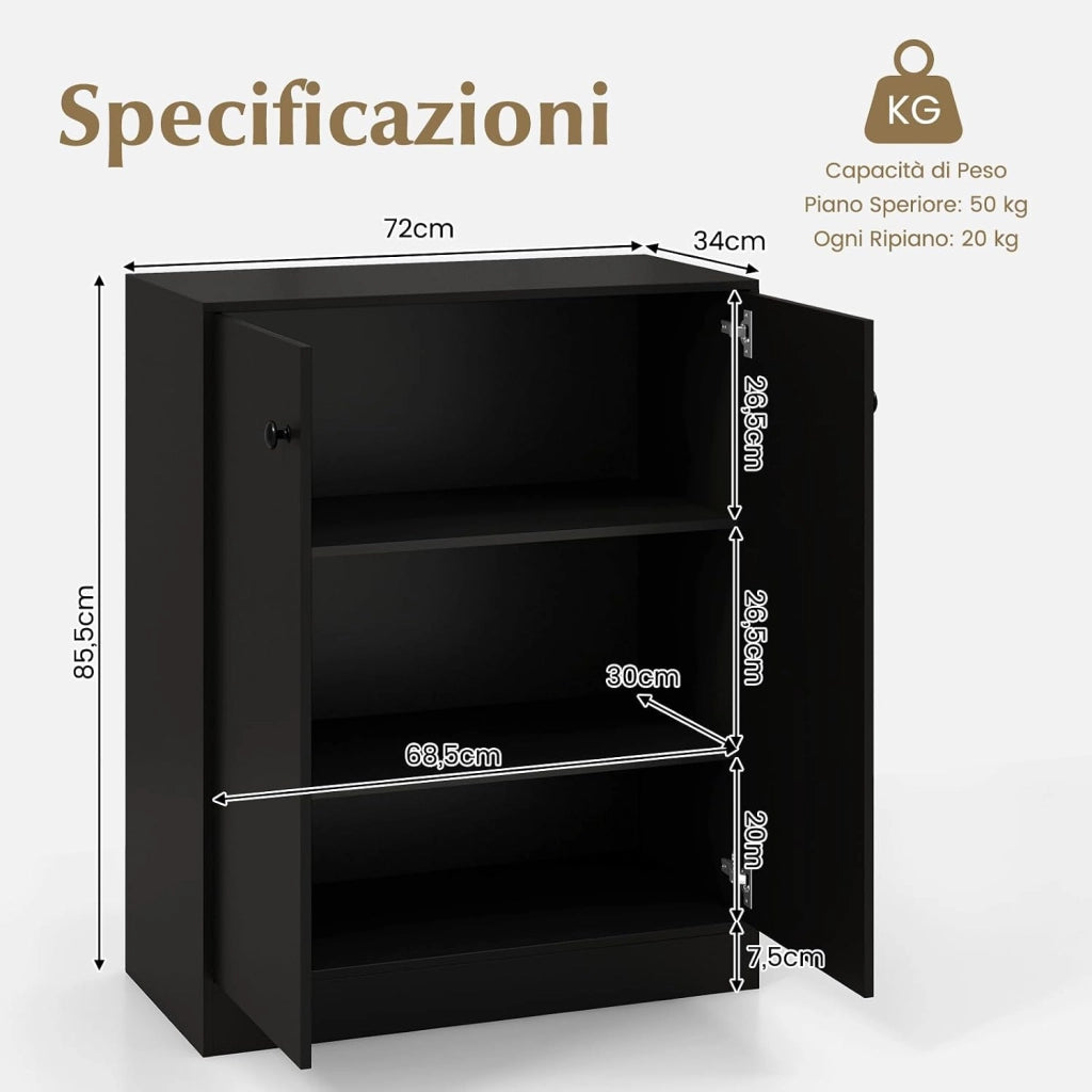 Armadietto da 2 Ante, Mobile da Pavimento con Ripiani a 3 Livelli e Dispositivo Anti-Ribaltamento, per Soggiorno, Sala da Pranzo e Ingresso, 72 x 34 x 85,5 cm (Nero)