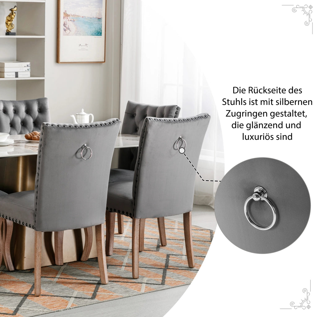 Sedia da pranzo in velluto con borchie in rame e schienale sagomato in legno massello grigio