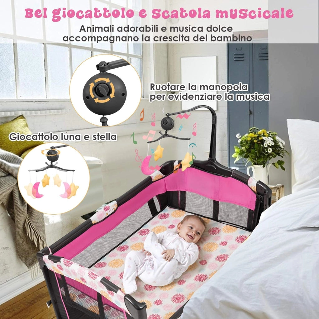3 in 1 Lettino da Campeggio per Bambini, Culla per Neonati con Materasso Pieghevole, Fasciatoio, Giocattoli e Ruote, Box per Bambini 0-36 Mesi, 107 x 72 x 119 cm (Rosa)
