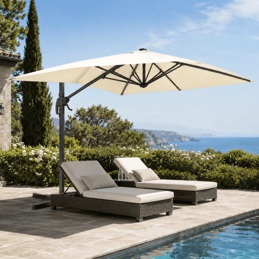Ombrellone Decentrato Girevole 360° Rettangolare Con Struttura In Alluminio E Rotante Braccio In Acciaio Base a Croce E Custodia Inclusa Per Giardino Terrazza Patio E Piscina 4X3 M Ecrù
