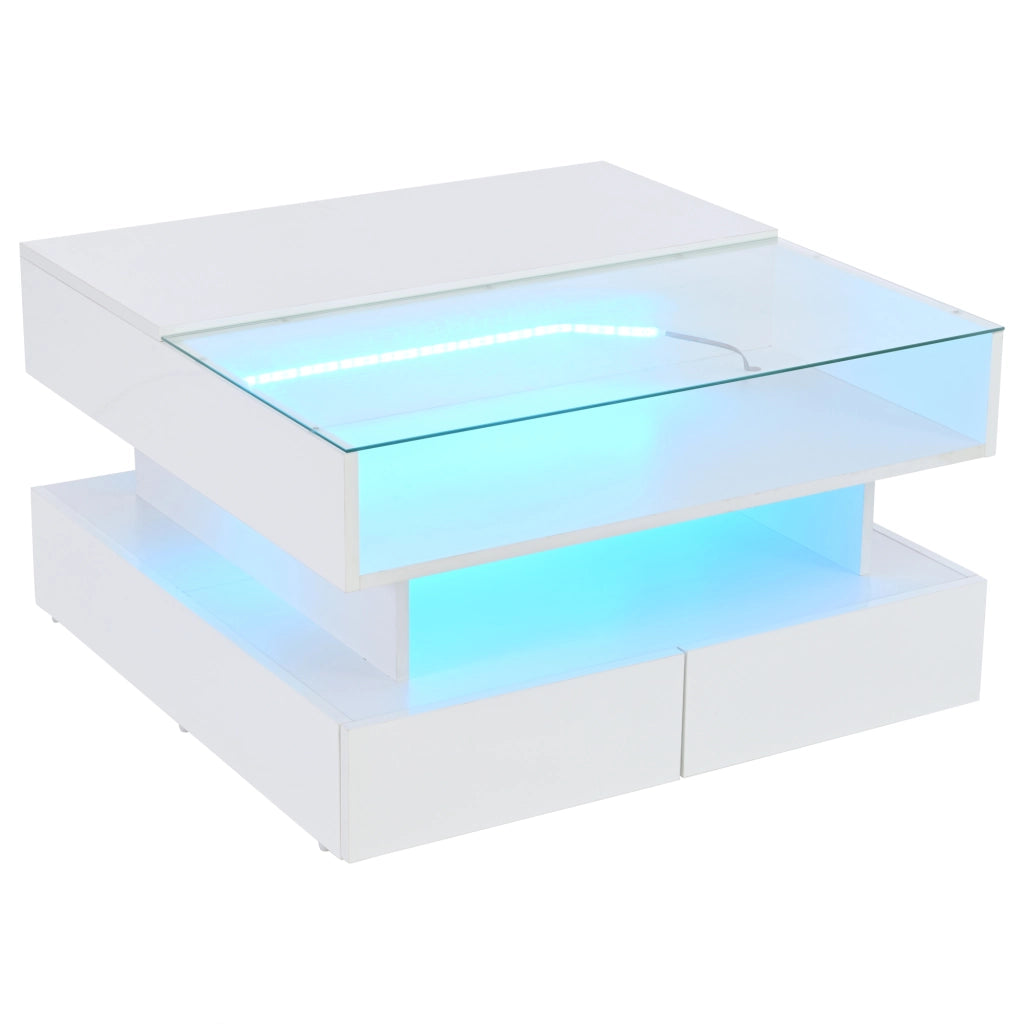 Tavolino da caffè alzabile con 2 cassetti; LED e vano nascosto per soggiorno bianco 80×80×45 cm