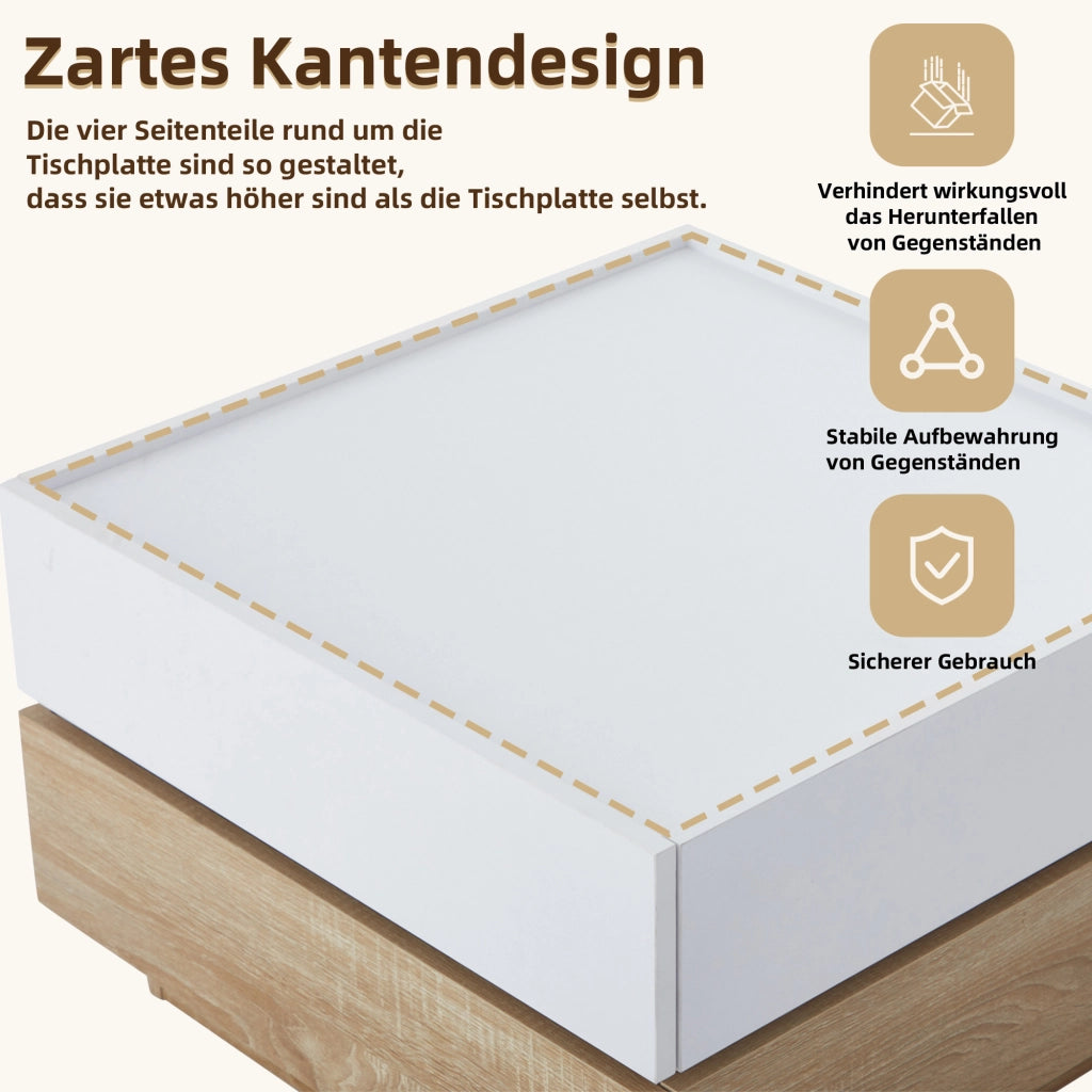 Tavolino basso girevole a 360° con 2 cassetti e piano a due livelli in truciolare bianco noce 60 × 60 × 38 cm