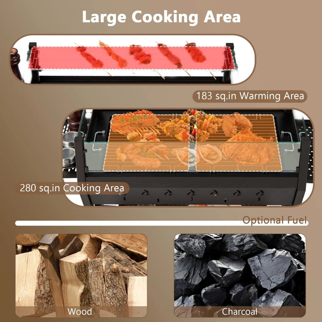 Barbecue a Carbone da Legno, con Parabrezza e Portaspezie, Griglia per Barbecue in metallo, Barbecue da campeggio con Coppia di guanti, Barbecue Esterno 3 in 1, 98 x 70 x 68 cm, Nero