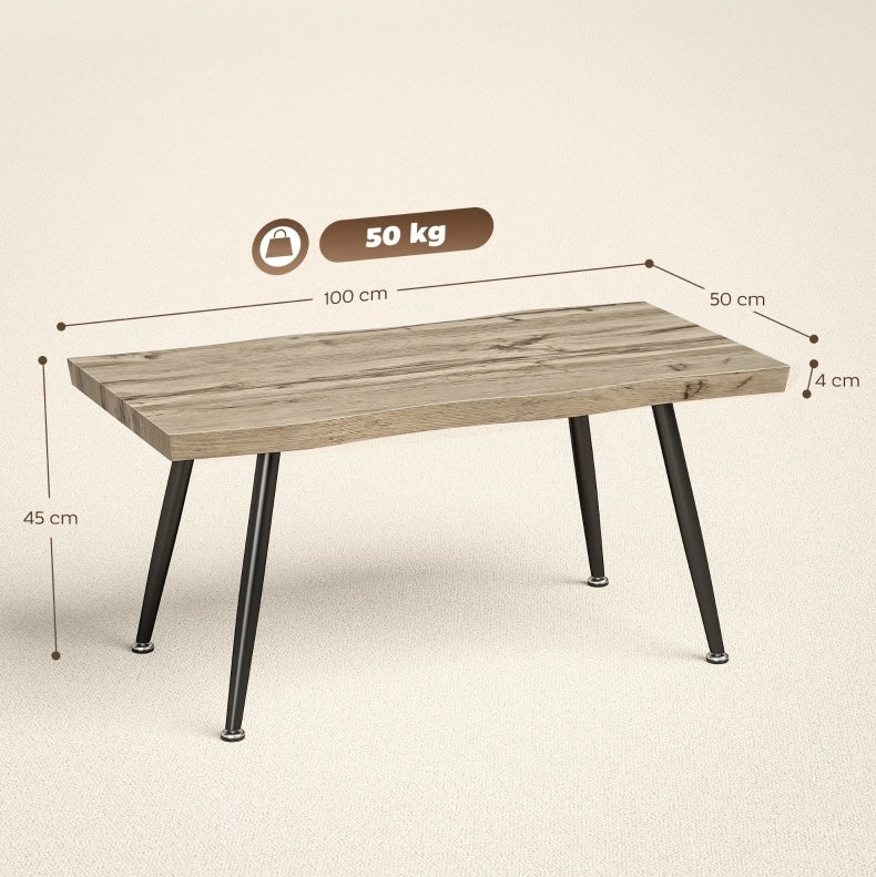 Tavolino da caffè 100x50x45 cm con piano spesso 4 cm; gambe in acciaio; legno naturale
